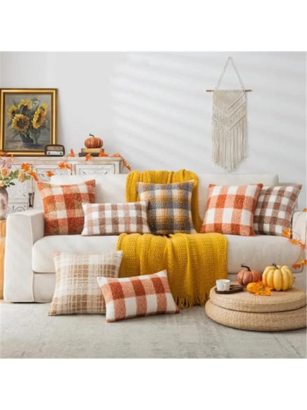 Plaid Fall Throw Pillow Covers Orange 18x18 Inch Set of 2